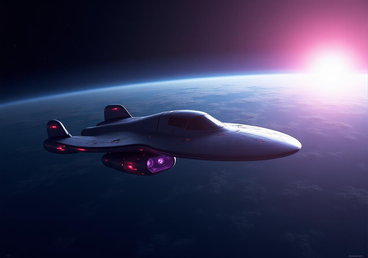 Futuristic spacecraft departing Earth's orbit